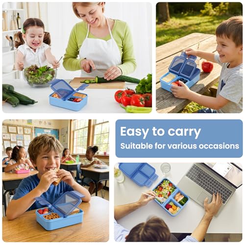 HWONMTE Bento Lunch Snack Boxes Set for Kids Reusable Food Containers with Insulated Lunch Bag, Sauce Box,Removable Dividers for Toddler Girls Boys Teens to School,Travel - color: Blue Set