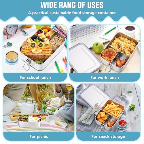 HaWare Large Stainless Steel Bento, Lunch Box, 47oz (1400ml) with Divider | 3 Compartment, Blue Condiment Container &Carrying Bag Included, Leak-Proof, Dishwasher Safe - color: Sky Blue, size: 47oz-(1400ml)
