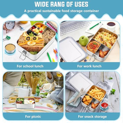 HaWare Large Stainless Steel Bento, Lunch Box, 47oz (1400ml) with Divider | 3 Compartment, Blue Condiment Container &Carrying Bag Included, Leak-Proof, Dishwasher Safe - color: Sky Blue, size: 47oz-(1400ml)