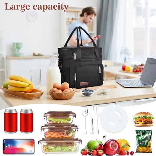 LOKASS Lunch Bag& Lunch Box for Men Women Double Deck,Large Insulated Adult Lunch Box Leakproof Lunchbox Cooler Bag for Work Picnic Beach,（Black,16L） - color: Black 2