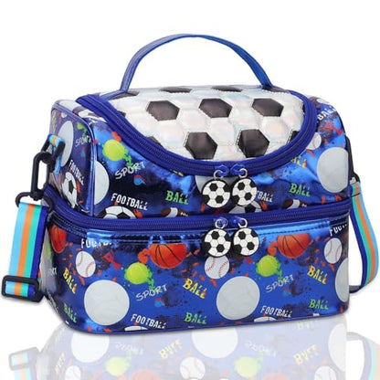 RHCPFOVR Kids Lunch Bag - Double Decker Cooler Insulated Lunch Box for Boys Girls Washable Lunch Bag and Reusable Toddler Lunchbox for School and Daycare - color: Blue Football