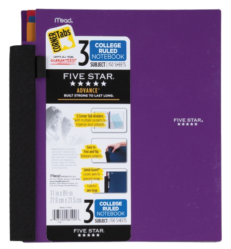 Five Star MEAD Notebook, 3-Subject, College Ruled, 150 Sheets, 8-1/2 x 11 Inches, Assorted (MEA08190)