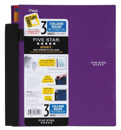 Five Star MEAD Notebook, 3-Subject, College Ruled, 150 Sheets, 8-1/2 x 11 Inches, Assorted (MEA08190)