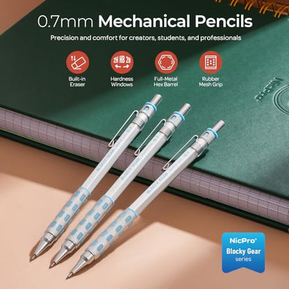 Nicpro Blocky Gear Mechanical Pencils 0.7 mm with Case, 3 Pack Drafting Pencil with 8 Tube (480PCS) Lead Refills(HB 2B), 4 Erasers, 18 Eraser Refills for Art Writing, Sketching Drawing - style: 0.7mm
