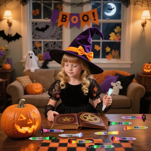 Vellibring 12PCS Halloween Pens,Multicolor Ballpoint Pens with Lights 4 Colors in 1 Halloween Retractable 0.7mm Multicolor Glow Writing Stationery for Holiday Party School Supplies Students Rewards - style: Halloween（lights）-12pcs