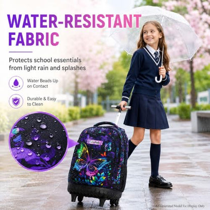 HPJGD 3PCS Rolling Backpack for Girls, Womens Butterfly School Backpacks with Wheels, Water Resistant Roller Kids Wheeled Bookbag Set with Lunch Box - color: Black Butterfly Rolling Set