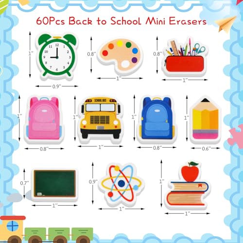 Ceiba Tree 60PCS Back to School Erasers Bulk for Kids Mini School Bus Schoolbag Alarm Pencil Blackboard Eraser for Student Classroom Prizes Stationery Homework Rewards Supplies Party Favors