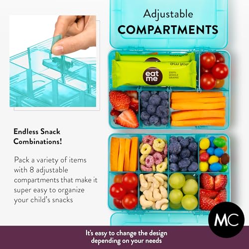 Snack Box Containers Set of 2-Reusable,100 Dissolvable Labels, 8 Adjustable Compartments, Dishwasher Safe, BPA-Free, Meal Prep Container, PARENT TESTED PARENT APPROVED AWARD (2 Pack) (Blue) - color: Blue, size: Small