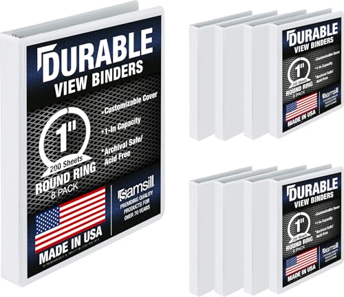 Samsill 8 Pack Durable 1 Inch 3 Ring Binders, Round Ring, Clear View Cover for Presentations, White - color: White, size: 1-Inch