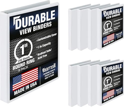 Samsill 8 Pack Durable 1 Inch 3 Ring Binders, Round Ring, Clear View Cover for Presentations, White - color: White, size: 1-Inch