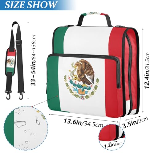 Fisyme Mexico Flag Zipper Binder 3 Ring with Zipper and Shoulder Strap Large Capacity Multi-Pocket Binder Organizer - color: Multi-green White Red