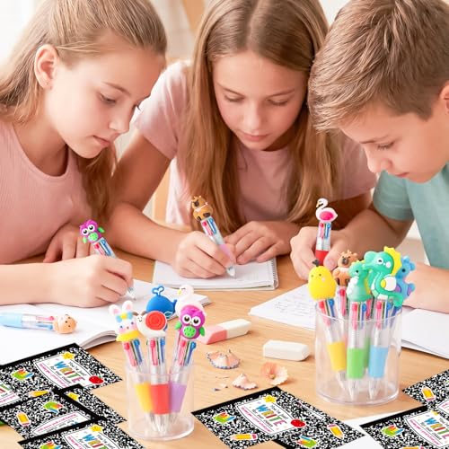 ANGOLIO Back to School Gifts for Students - 28 Sets First Day of School Gifts Include Animal 4 in 1 Multicolor Ballpoint Pens with Greeting Cards for Classmate Teacher Classroom Reward Party Supplies - style: Back to School Cute Animals