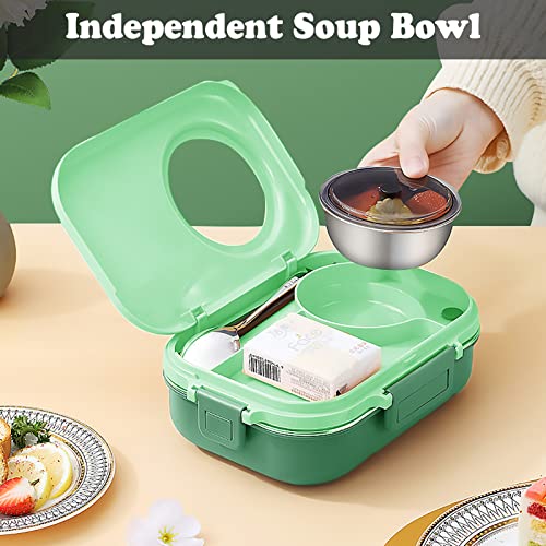 3 Compartments Bento Lunch box with Soup Bowl, Insulated Lunch Bag and Portable Utensils, Stainless Steel Camera Lunch Containers，Leak Proof Bento Box for Kids Adults Men Women… - color: 900ml-Green