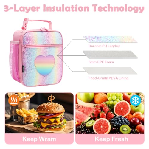 FlowFly Kids Lunch box Insulated Soft Bag Mini Cooler Back to School Thermal Meal Tote Kit for Girls, Boys, Glitter-RainBow - color: Glitter-RainBow