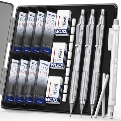 WUO 0.9mm Mechanical Pencil Set, 3 Silver Metal Drafting Pencils with 480 HB Lead Refills, Precision Eraser Pen, 4B Erasers & Case, Mechanical Pencils for Writing, Drawing, Sketching & School - color: Silver, size: 0.9