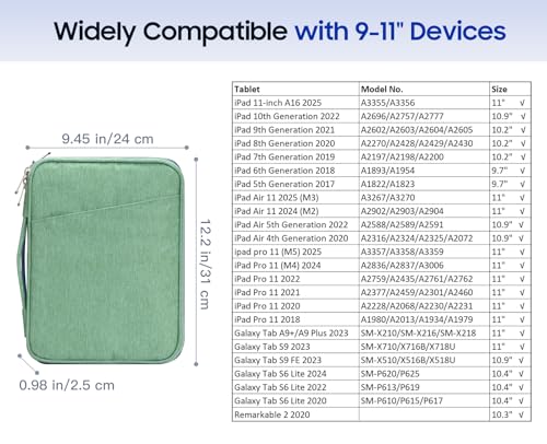 TiMOVO 9-11" Tablet Sleeve for iPad A16 & Galaxy Tab, Green | Protective Bag with Pockets, Fits iPad 10.9"/10.2" Air 11" 5th/4th Gen, Galaxy Tab A9+/A11+ 11" - color: Green, size: 9-11 Inch
