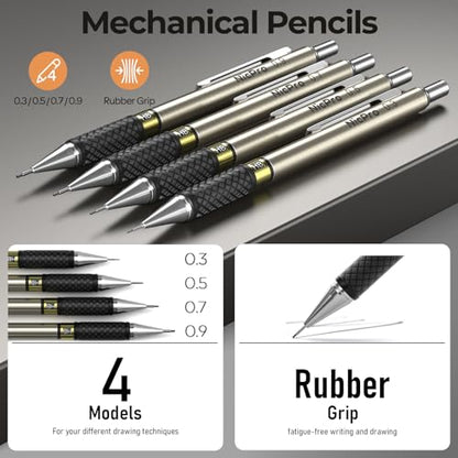 Nicpro 37PCS Gold Art Mechanical Pencil Set, 4PCS Metal Drafting Pencil 0.3/0.5/0.7/0.9 mm & 2PCS 2mm Lead Holder (6B 4B 2B HB 2H 4H) School Supplies for Sketching Drawing with 23 Tube Lead Refills - color: Gold, style: 0.3 0.5 0.7 0.9 2.0