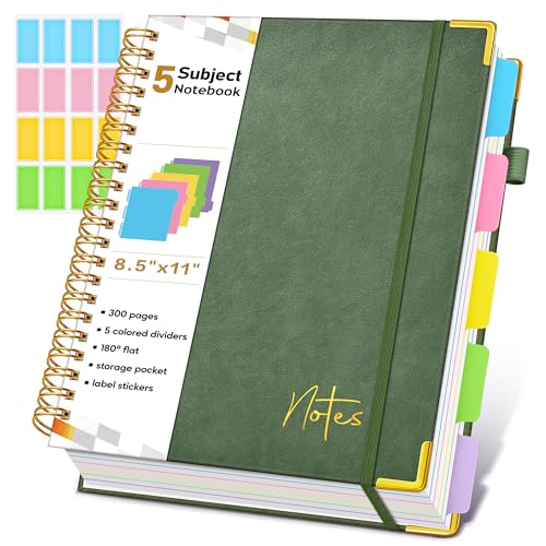 Spiral Notebook Journal with Removable Dividers Tabs, 300 Pages Hardcover Leather 5 Subject College Ruled Notebook, 8.5"x11" Large A4 Lined Journal for Women Men, Spiral Notebook for Work School,Green - color: Green, size: A4
