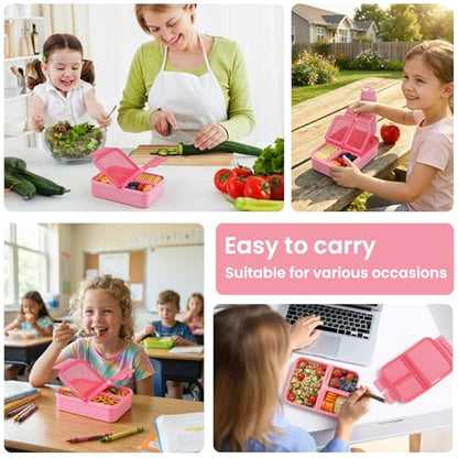 HWONMTE Bento Lunch Snack Boxes Set for Kids Reusable Food Containers with Insulated Lunch Bag, Sauce Box,Removable Dividers for Toddler Girls Boys Teens to School,Travel - color: Pink Set
