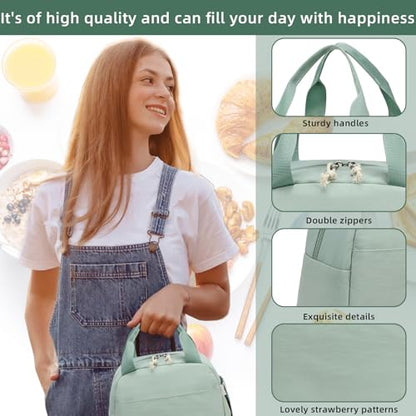 LEDAOU Kids Lunch Bag for Girls, Insulated School Lunch Box, Lightweight | Insulated interior, lightweight design, front pocket, smooth dual zippers, ideal for school and travel - color: Green