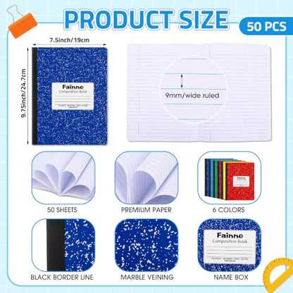 Fainne 50 Pack B5 Composition Notebooks Bulk Wide Ruled 100 Pages Composition Book 7.5 x 9.8 Inch Marble Cover Journal Notebooks for College Office Back to School Supplies(Multicolor) - color: Multicolor