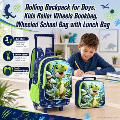 CCJPX 18" Dinosaur Rolling Backpack for Boys, 3Pcs Kids Wheeled Bookbag with Lunch Box, Lightweight Roller School Bag for Elementary Preschool(Green) - color: Green Dinosaur02