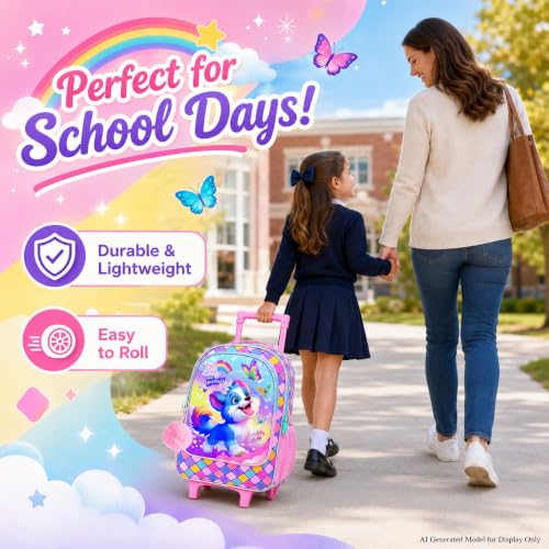 KLFVB Girls Bookbag with Wheels, 3PCS Kids Roller Backpack with Lunch Bag, Wheeled School Bag for Children - Dog - color: Upgraded UV Printing Dog Pink Rolling Backpack