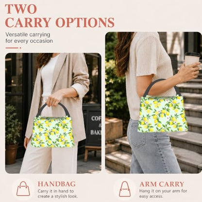 Lemon Reusable Lunch Bag,Green Leaf Insulated Small Lunch Box for Kids Adult Women,Leakproof Cooler Tote Bags for Student Teacher Work Camping Picnic School - color: Lemon