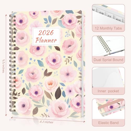 2026 Planner, Weekly and Monthly Calendar Planner Agenda, Jan 2026 - Dec 2026, Planning Academic Book, Office Desk Accessories and School Supplies - A5 (6.3'' x 8.5'') - color: C-Blush Blooms