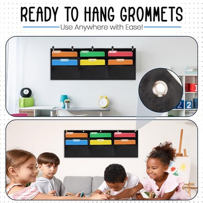 Essex Wares - 6 Pocket Horizontal File Hanging Paper Organizer for Letter Documents, Black, 42" Wide x 15.5" - Hanging Pocket File Organizer - Black Pocket Chart for Classroom & Office - 6 Pockets