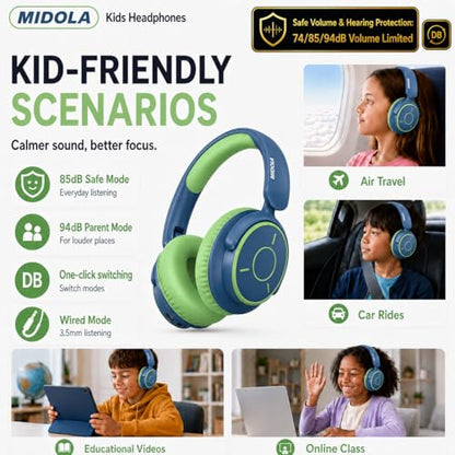 MIDOLA Kids Bluetooth Headphones 68H Play Time,Volume Limit 85/94dB, Foldable Lightweight Wireless Over-Ear Headphone for Kid Toddler Child Pad Tablet,Headsets with Built-in Mic Green Blue - color: Deep Blue