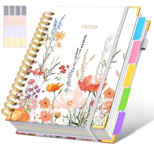 Hardcover Spiral Notebooks for Work, 300 Pages 5 Subject Notebook College Ruled with Dividers Tabs, 8"x10" Aesthetic Lined Spiral Journal for Women, 100GSM Large Cute Notebook for School,PetiteBlooms - color: Petiteblooms