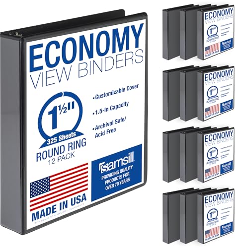 Samsill 1.5 Inch 3 Ring Binders, Economy Round Ring, Clear View Cover, 325 Sheet Capacity - for School, Home, Office - Black, 12 Pack - size: 12-Pack, style: 1.5 Inch