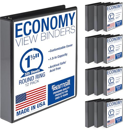 Samsill 1.5 Inch 3 Ring Binders, Economy Round Ring, Clear View Cover, 325 Sheet Capacity - for School, Home, Office - Black, 12 Pack - size: 12-Pack, style: 1.5 Inch