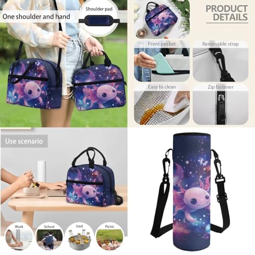 Horeset Axolotl Galaxy Space Backpack for Kids Girls 3Pcs School Bag with Water Carrier Pouch Picnic Insulated Lunch Tote Bag, Travel Bookbag Rucksack for Youth Primary Middle School Student - color: Axolotl Galaxy Space