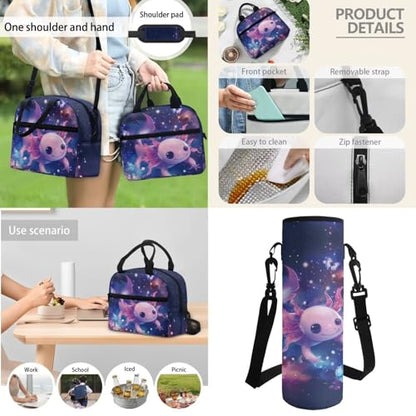 Horeset Axolotl Galaxy Space Backpack for Kids Girls 3Pcs School Bag with Water Carrier Pouch Picnic Insulated Lunch Tote Bag, Travel Bookbag Rucksack for Youth Primary Middle School Student - color: Axolotl Galaxy Space