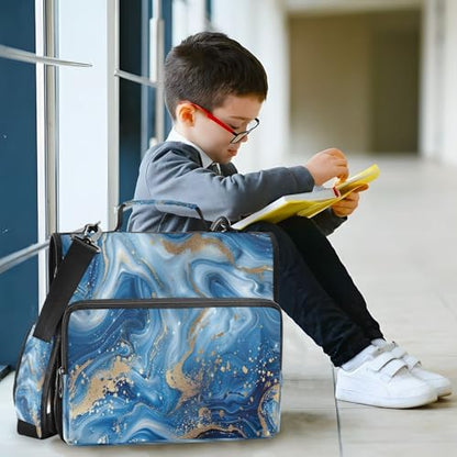 Binder Organizer, Blue Gold Marble 1.5" 3-Ring Zipper Binder with Shoulder Strap & Handle, Water-Resistant Trapper Keeper with Multi-Compartment for School & Office