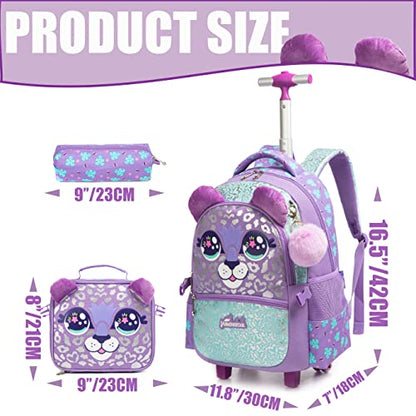 Rolling Backpack for Girls Kids Backpack with Wheels Roller Backpack with Wheels Set for Elementary Students Carry on Luggage Bookbag with Roller - color: Purple