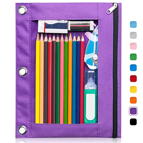 Forvencer 3 Ring Binder Pencil Pouch - Clear Window Pencil Case with Smooth Zipper, Big Capacity Pencil Bag with 3 Reinforced Grommets, Purple - color: Purple, size: 1 Pack