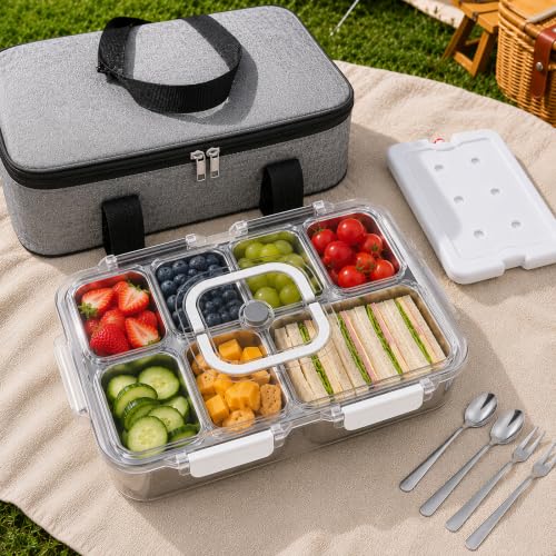 Snackle Box Container with Ice Pack, 304 Stainless Steel Snackle Box Set | 7-piece set, stainless steel, ice pack, insulated bag, fork & spoon, customizable divider system, flexible configuration