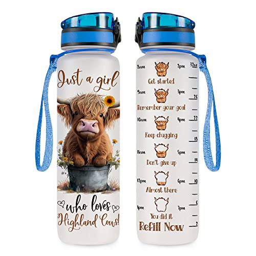 34HD Highland Cow Water Bottle, 32 oz Tritan Plastic, Motivational Quote & Time Marker, Gift for Women, Sports & Everyday Use Christmas Gift - color: Highlandcows