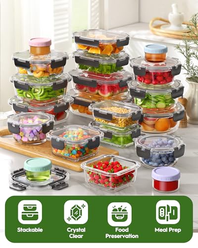 Canfanni 40 Piece Glass Food Storage Containers with Lids, Borosilicate Meal Prep Containers, BPA-Free, Stackable, Airtight Leak-Proof, Microwave, Dishwasher, Freezer Safe (20 lids & 20 Containers)