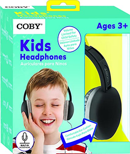 Coby Wired Kids’ Headphones, Over-Ear Headphones with 3.5-Millimeter Jack and Soft Cushions for School, Learning, and Travel, 85 dB Volume Limit, Built-in Microphone, Adjustable Headband, Black - color: BLACK