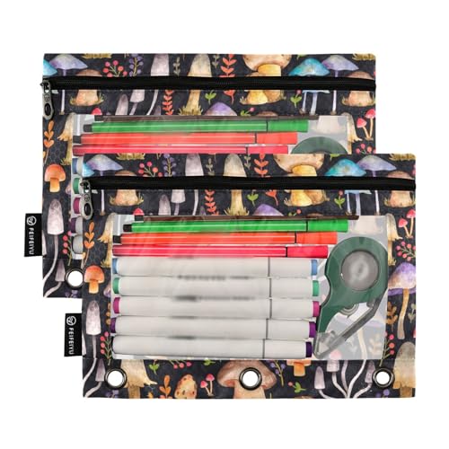 Mushrooms Pencil Pouches Bags for 3 Ring Binder, 2 Pack Zipper Stationery Bag 3 Hole Pencil Case for School Office Home - color: color 07
