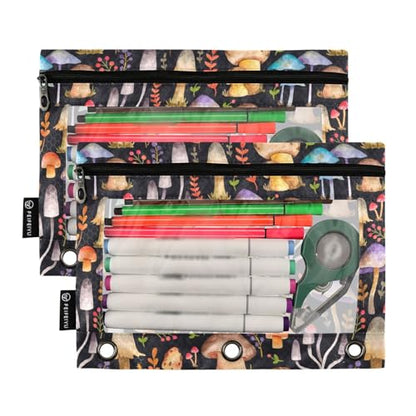 Mushrooms Pencil Pouches Bags for 3 Ring Binder, 2 Pack Zipper Stationery Bag 3 Hole Pencil Case for School Office Home - color: color 07