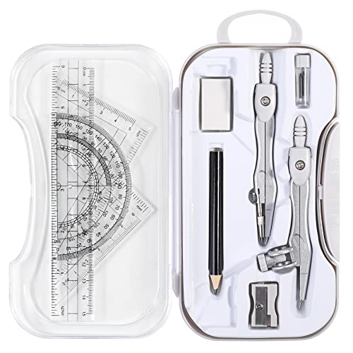 Unjoo Geometry Set 10 Pcs Student Supplies, Protractor and Compass (Grey） | Shatterproof Storage Box,Rulers,Protractor,Compass,Eraser,Pencil Sharpener,Lead Refills,Pencil,for Classroom, Back to School - color: Grey