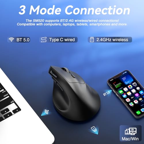 SOLAKAKA SM520 Ergonomic Mouse with 24000 DPI, Vertical Mouse with Programmable Side Button, Wireless Mouse with Tri-Mode Connection - BT5.0/USB-C/2.4GHz, for Desktop, PC, Laptop (Black) - color: black