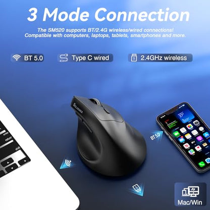 SOLAKAKA SM520 Ergonomic Mouse with 24000 DPI, Vertical Mouse with Programmable Side Button, Wireless Mouse with Tri-Mode Connection - BT5.0/USB-C/2.4GHz, for Desktop, PC, Laptop (Black) - color: black