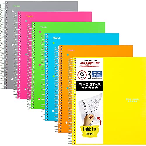 Five Star Spiral Notebooks, 3 Subject, College Ruled Paper, 150 Sheets, 11" x 8-1/2", Assorted Colors, 6 Pack (73479) - color: Assorted-Trend, size: 6 Pack - Trend Assorted