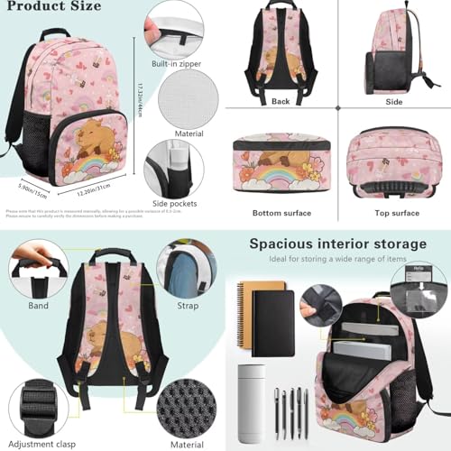 Capybara Backpack Set for Kids, 4 in 1 School Bag with Lunch Box, Pencil Case and Water Bottle Cover, for Primary School 2nd to 6th Grade Daily Activities - color: Boba Capybara Print